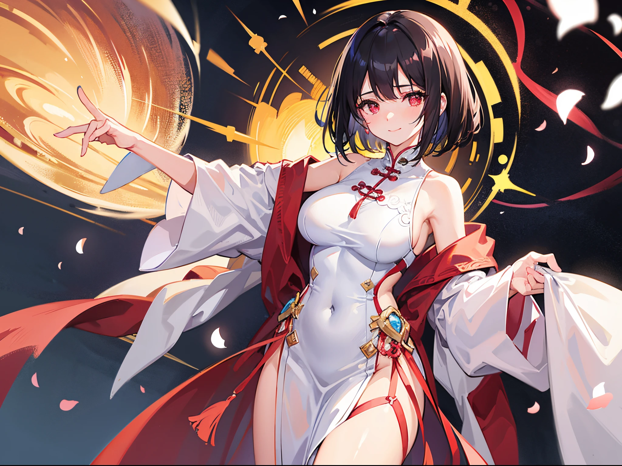 master piece,best quality,(super detail),perfect writing, Highly detailed CG,Super detailed,(highly detailed eyes,very cute face,highly detailed face:1.3),beautiful anime girl,(solo girl),(super huge breasts:1.6),(black hair,short hair,2 side up:1.3),(big yellow eyes:1.1),(low length),jitome,(smile full of joy),break,(wizard costume,White Wizard Robe,White Wizard Tunic:1.5),mini skirt,Red jewelled ribbon tie,bear shoulder,bell sleeve,golden decoration,Blue embroidery,gold hair ornament,White Thigh Socks,Absolute area,Leather belt with multiple small pouches,big magic wand,god々new light,intense magic effects,cobblestone road,medieval castle town,Are standing,dynamic pose,dynamic angle,cowboy shot