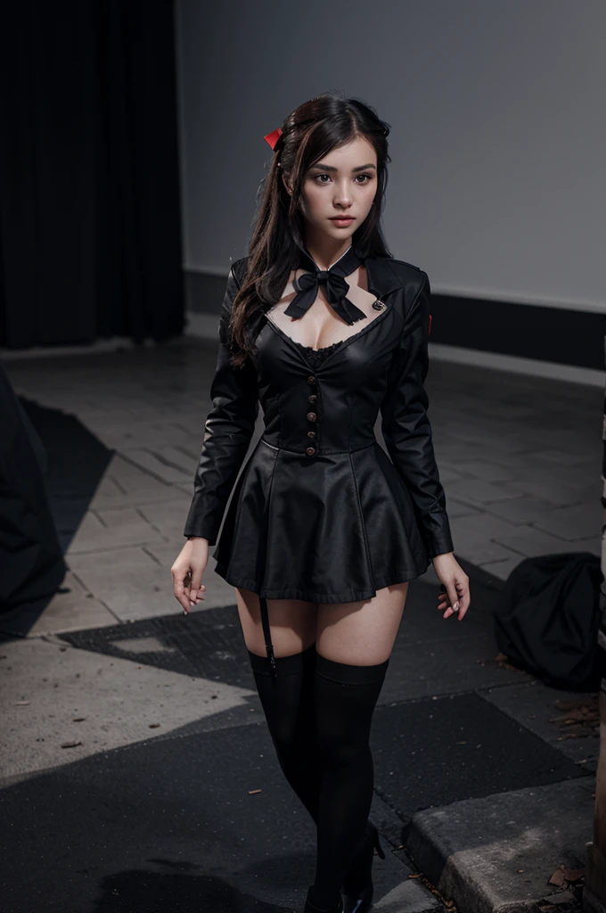photo of edelgard_academy, hair ribbon, black jacket, black dress, ascot, red pantyhose, white gloves, high heels, walking on battlefield, moonligth, full moon, young, , (skinny), small , petite, 1 girl, (((3d, video game))),masterpiece, best quality, intricate details, 8k uhd, perfect face, perfect eyes