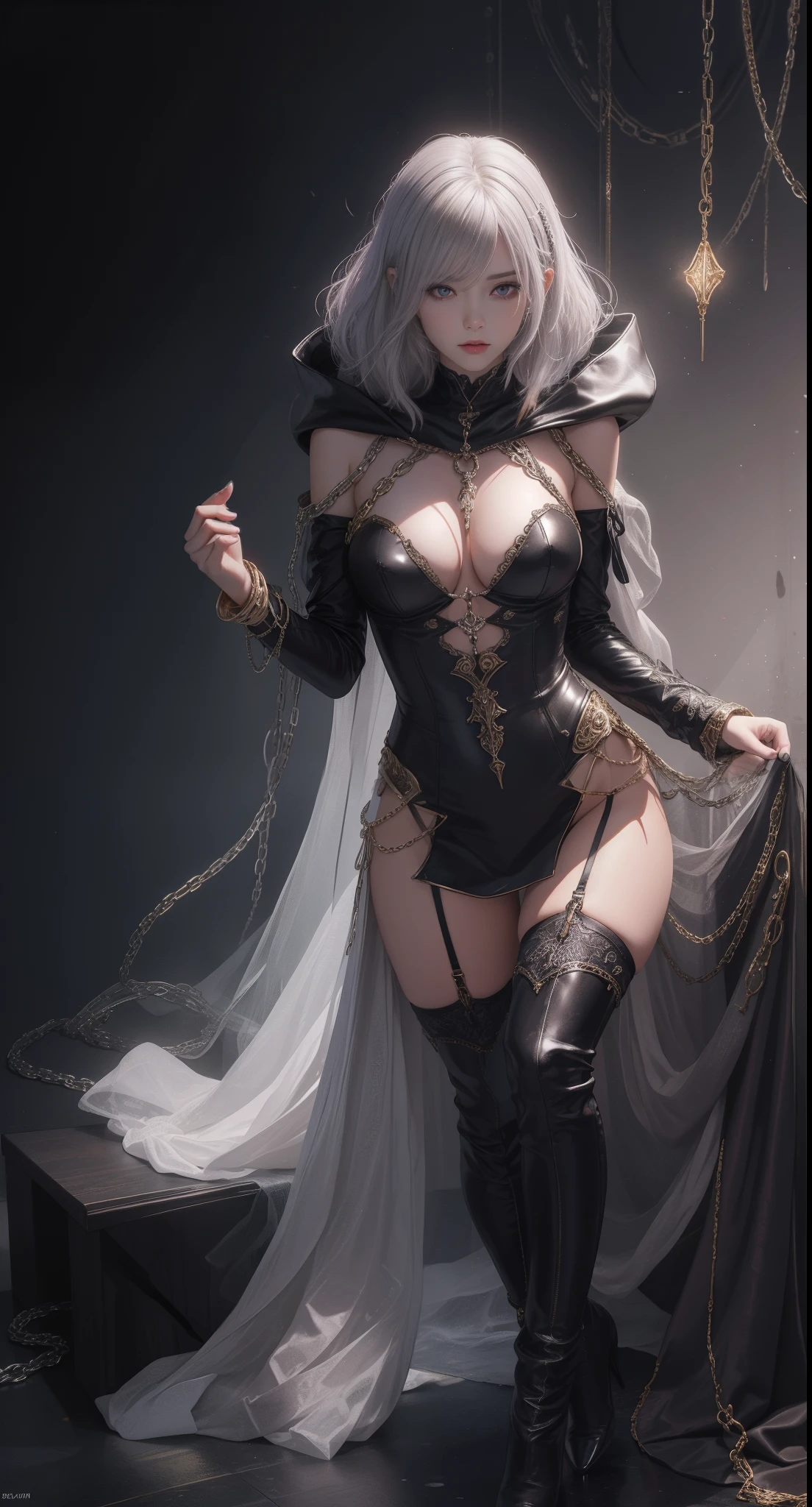 tmasterpiece，Highest image quality，Beautiful bust of a dark elf girl，Dark elf silver short hair style，Clear golden eyereast chain，锁链，Leather hooded garter stockings，high heels boots，Ultra-detailed details，advanced。At the Pixiv Art Station，Break your own power，The kinky  exposed，R-18G
