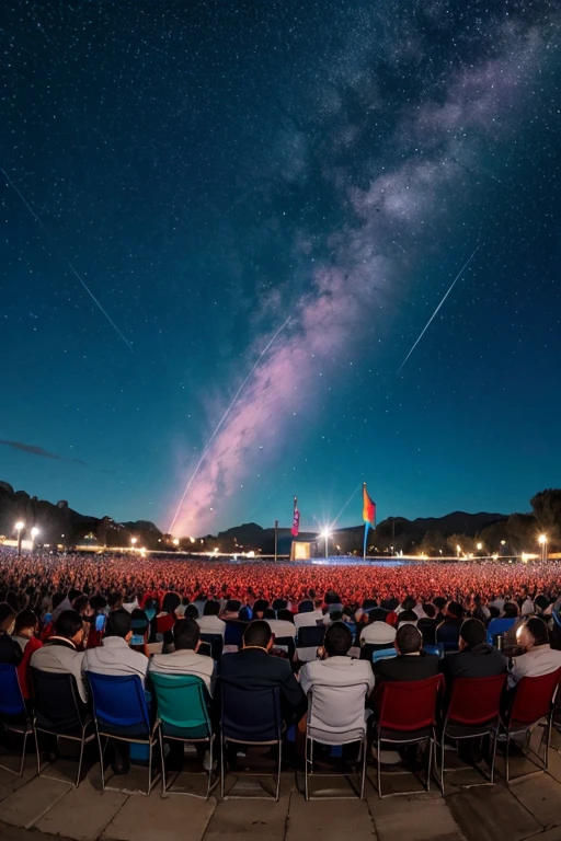 unas personas reunidas escuchando un discurso y que el fondo sea con colores amarillos,azul,y rojo y que tengan 8 estrellas en medio del fondo en la tarima frente a las personas del pueblo reunido