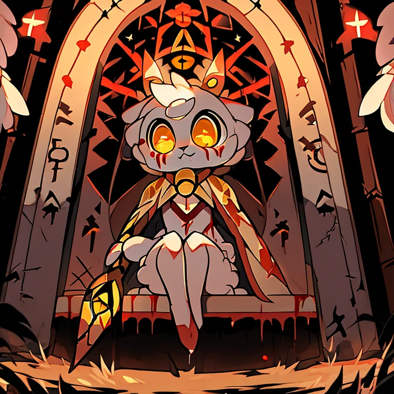 ( white bunny) guarding a ancient door to the titans ( white cloak with golden that have symbols) ( the door symbol star on the front middle) ( golden eyes) ( holding a staff) ( female) ( covered in blood) ( sitting in front of a lamb)