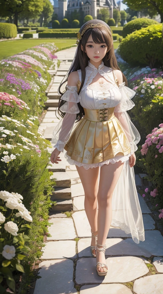 ((master-piece,intricately detailed,Realistic high resolution,lifelike,4K clarity)),((1 girl,asian,kawaii,,beautidul eyes,long-haired,Golden Hair,nice skin,enormous breasts)),((No NSFW)),(Lolita dress,Sexy lolita outfit,Lolita dress, short skirt,See-through long skirt),(Walk in the flower garden,marble floor,There is a castle in the background.)