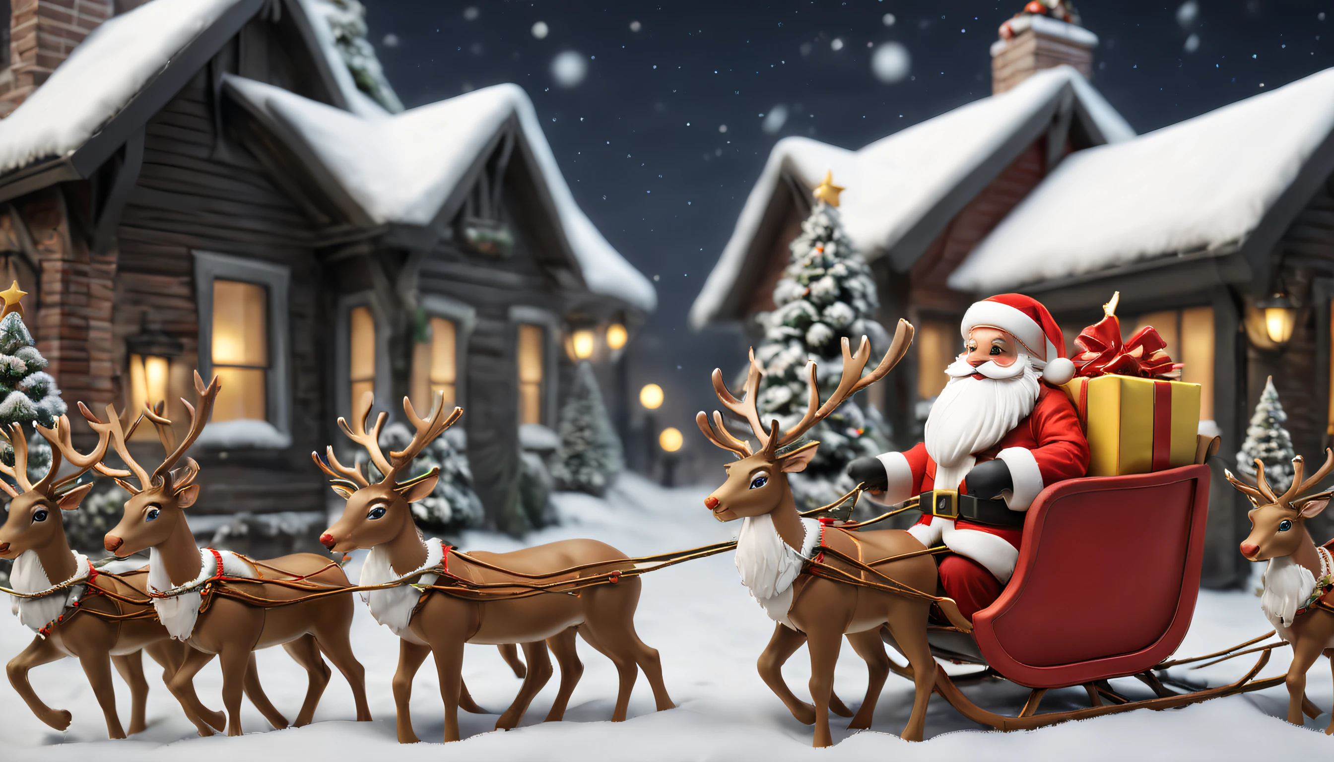 christmas, the night, starrysky, casa, yuki, Santa Claus riding a sleigh pulled by reindeer, Sleigh filled with Christmas gifts, Christmas tree, bell, Christmas balls, yukito, reindeer, sled, 3D blind box, Bubble Mart, Christmas poster design, dream magical,
