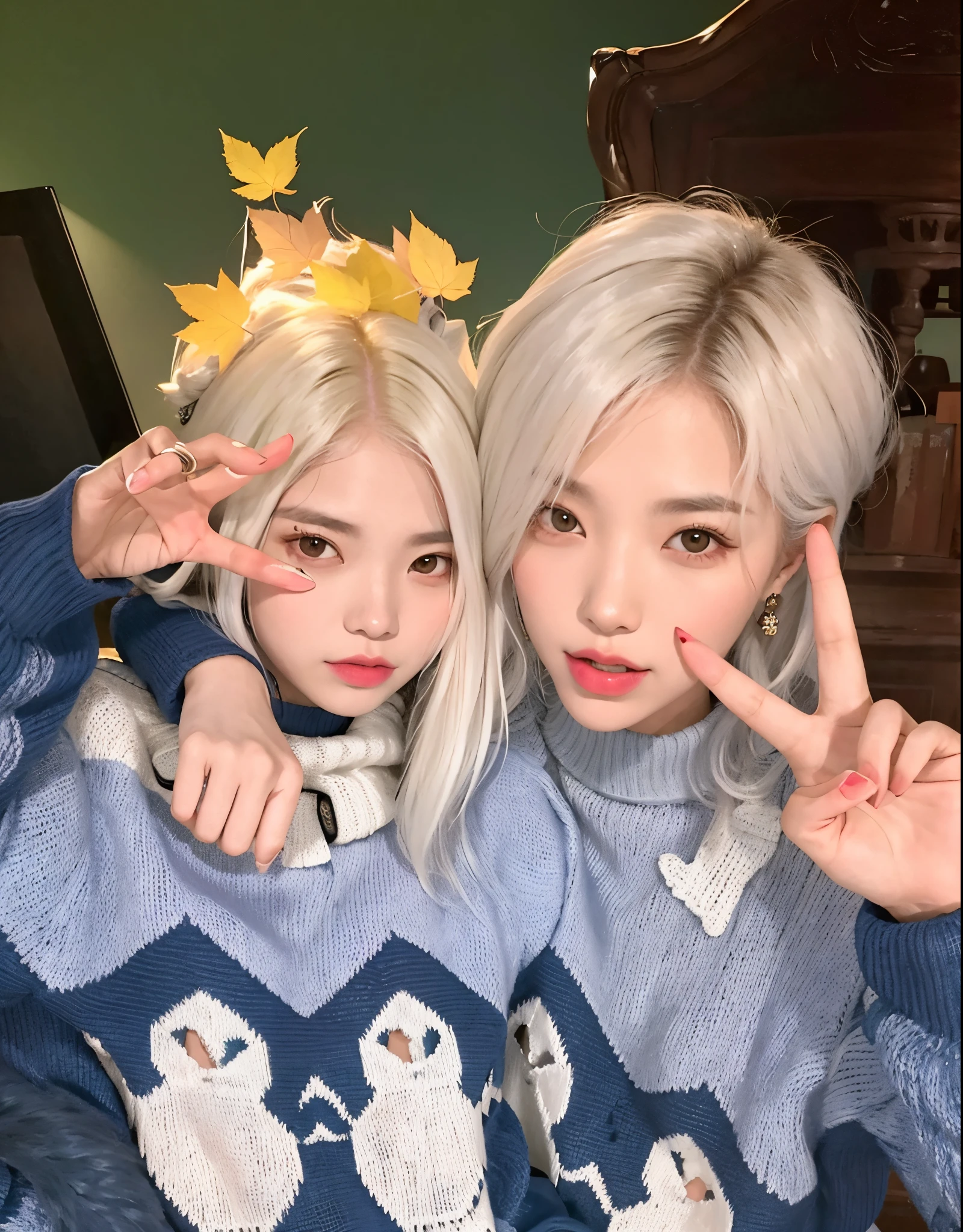 Two women in sweaters posing for a photo with their fingers up., Kim Doyoung, KDA y Sam Yang, ulzzang, con pelo largo blanco, Nixeu y Sakimichan, 8k)), con el pelo largo y blanco, 🍁 Lindo, frio como ! 🧊, con pelo blanco corto y ondulado, Pareja encantadora, Peinado blanco de corte hime