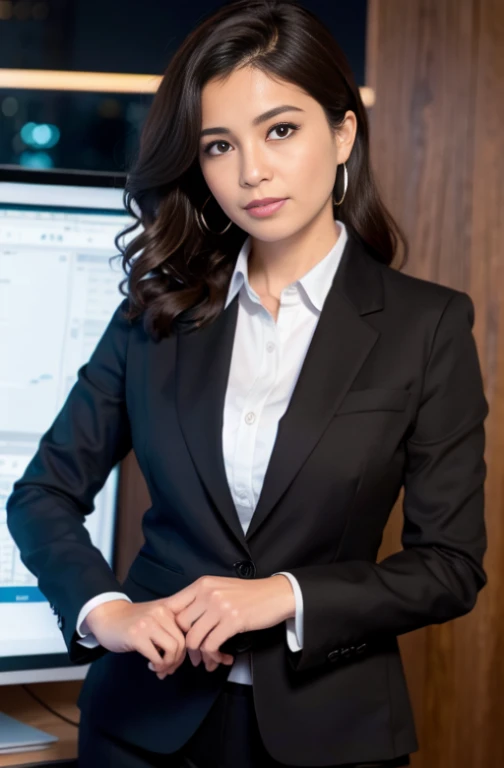 Uma mulher com um corponormal com 35 anos, curly hair, Brown skin,1 mulher CEO de uma Empresa de sucesso , sozinho, separated-lips, office lady, business attire, ao fundo varios computadores,