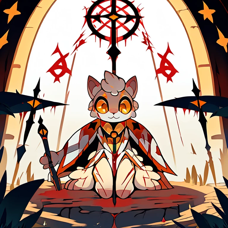 ( white bunny) guarding a ancient door to the titans ( white cloak with golden that have symbols) ( the door symbol star on the front middle) ( golden eyes) ( holding a staff) ( female) ( covered in blood) (bunny sitting in front of a lamb)