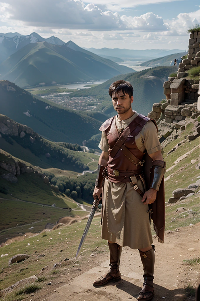 Roman soldier standing, holding a sword high on a mountain, beautiful landscape of a saw.