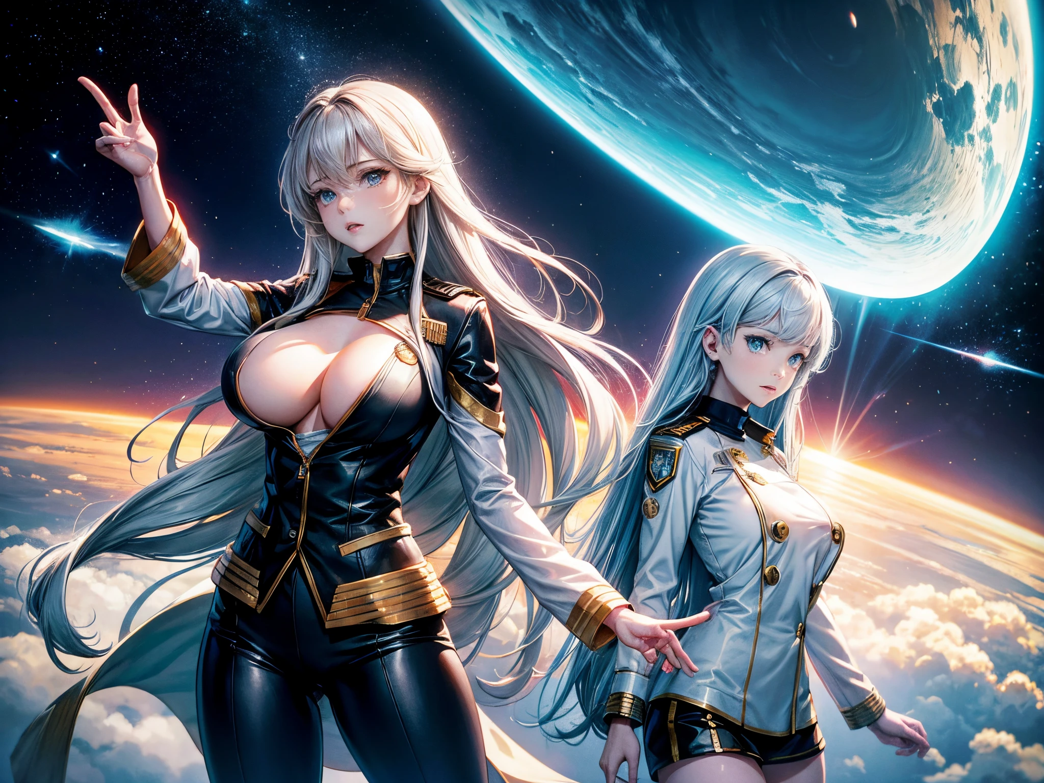 Reimagine the USS Enterprise NCC-1701-D and its crew, enormous tits, in an anime style, with expressive eyes, dynamic poses, and a touch of interstellar adventure. Look to the anime series' dynamic styles for inspiration.