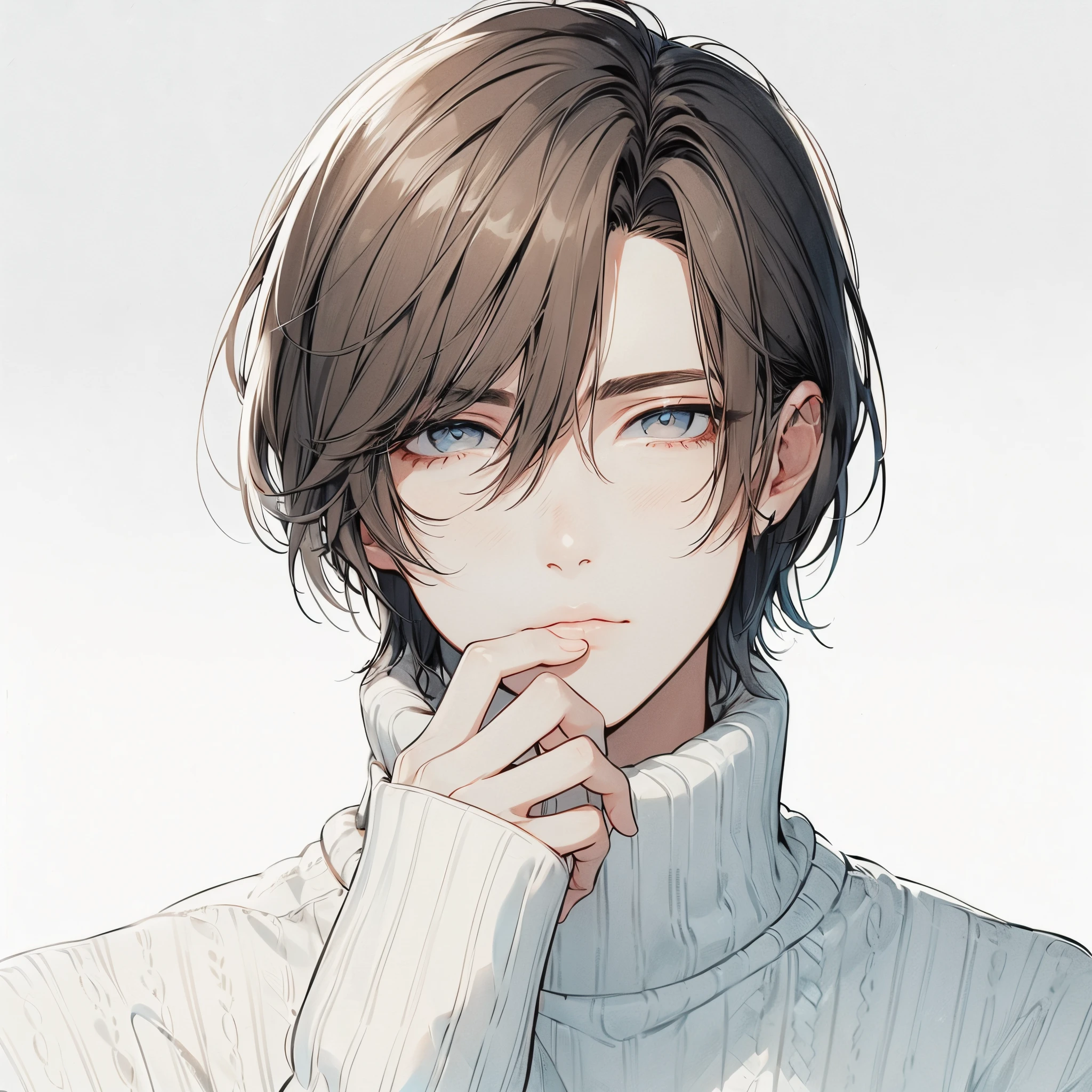 Beautiful young man, shoulder length hair, Straight hair, dull light blue hair, White High Neck Sweater, slit-eyes, Gray eyes, Touch your head, Front view, Composition showing from the waist up, Cool, Handsome,High quality, amount of drawing, pixiv illustration