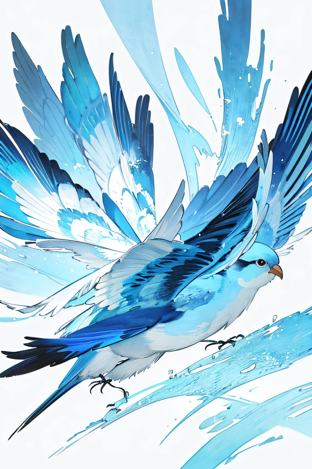 Birds are flying in the sky on a white background。, Watercolor inspired by Victor Noble Rainbird, pexels, sōsaku hanga, bluebird, blue phoenix bird, bird wings, Imaginary birds fly, flying around the bird, Long colorful bird, surrealistic bird, Watercolor style, surrealistic bird, Flying birds