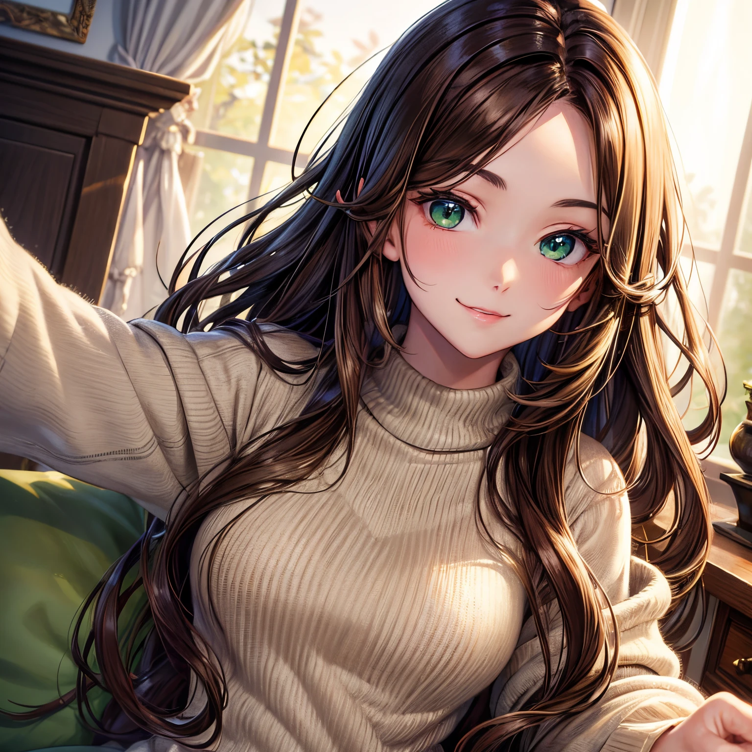 a stunning masterpiece,High resolution portrait of a beautiful detailed girl with long hair, Shiny brown hair and charming green eyes, Wear a comfortable sweater,A bright smile highlights her small but perfect.