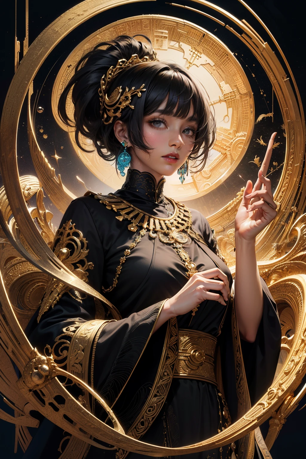 (masterpiece, top quality, best quality, official art, beautiful and aesthetic:1.2), woman, nsfw, extremely detailed, fractal art, colorful, highest detailed, zentangle, (abstract background:1.3), fidus style, (1black woman:1.5), (golden birds), silver hair, bright eyes, hair slicked back, short hair, black robe, upper body, detailed eyes