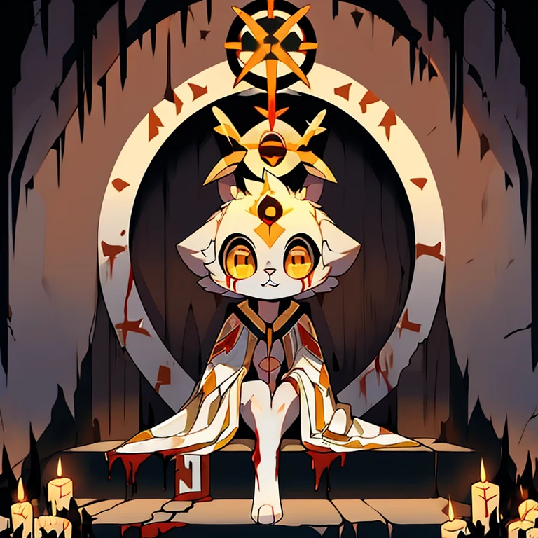 ( white bunny)  guarding a ancient door to the titans ( white cloak with golden that have symbols) ( the door symbol star on the front middle) ( golden eyes)  ( holding a staff) ( female) ( covered in blood) (bunny sitting on stairs)