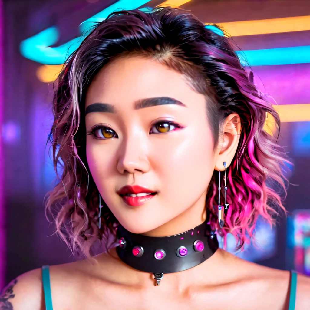 Portrait cyber cafe close up beautiful cyberpunk Asian woman face with multicolor eyes and short messy curly hair, best quality, 8k, beautiful, masterpiece, gazing lovingly with a slight smile and seductive look in her eyes wearing a black spiked choker