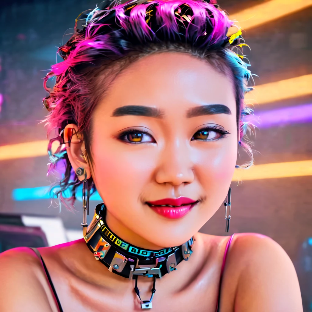Portrait cyber cafe close up beautiful cyberpunk Asian woman face with multicolor eyes and short messy curly hair, best quality, 8k, beautiful, masterpiece, gazing lovingly with a slight smile and seductive look in her eyes wearing a black spiked choker