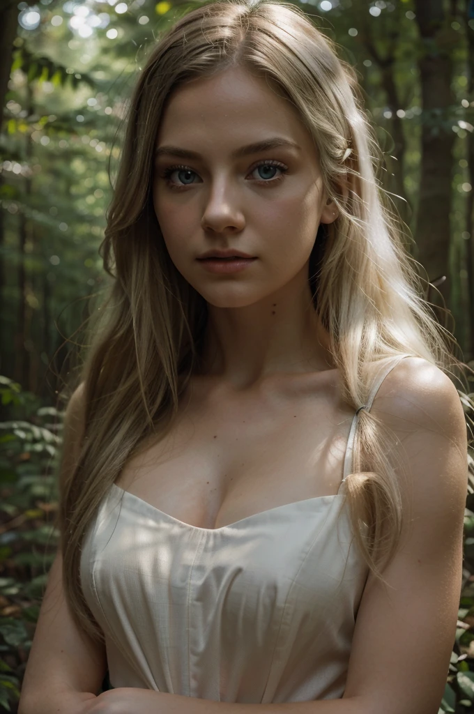 full body portrait, forest, night, fireflies, beautiful girl, blonde hair, twin braids, real photo of an 18year old girl, curls, freckles, unbuttoned, large neckline, white blouse, torn dress, nip slip, black background, light on face, dream, magical atmosphere, cinematic lighting, embers, fantasy, action pose, mist, CRU photo, 8k uhd, film grain