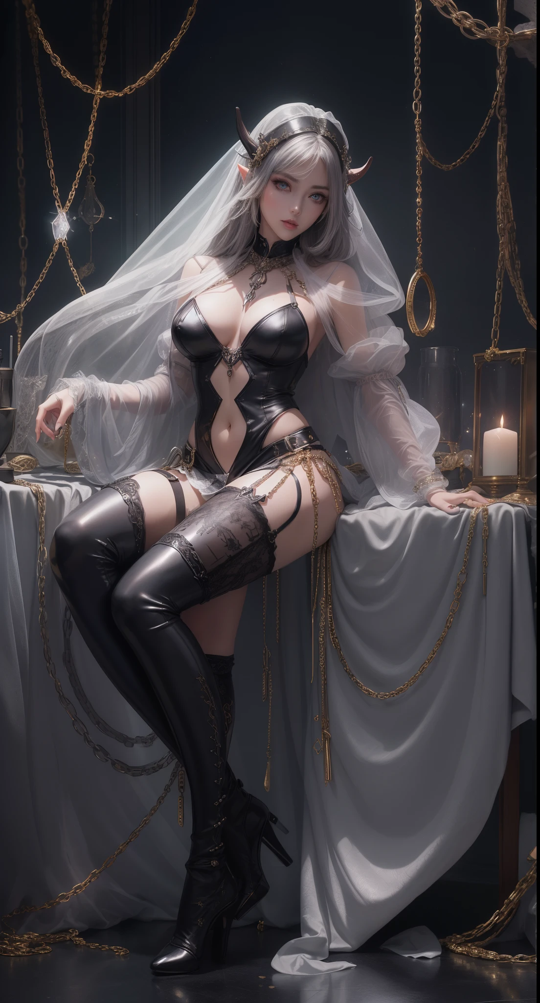 tmasterpiece,Highest image quality,Beautiful bust of a dark elf girl,Dark elf silver short hair style,Transparent gold eyeball chain,breast chain,锁链,Leather hooded garter stockings,high heels boots,Ultra-detailed details,advanced。At the Pixiv Art Station,Break your own power,The kinky exposed,R-18G