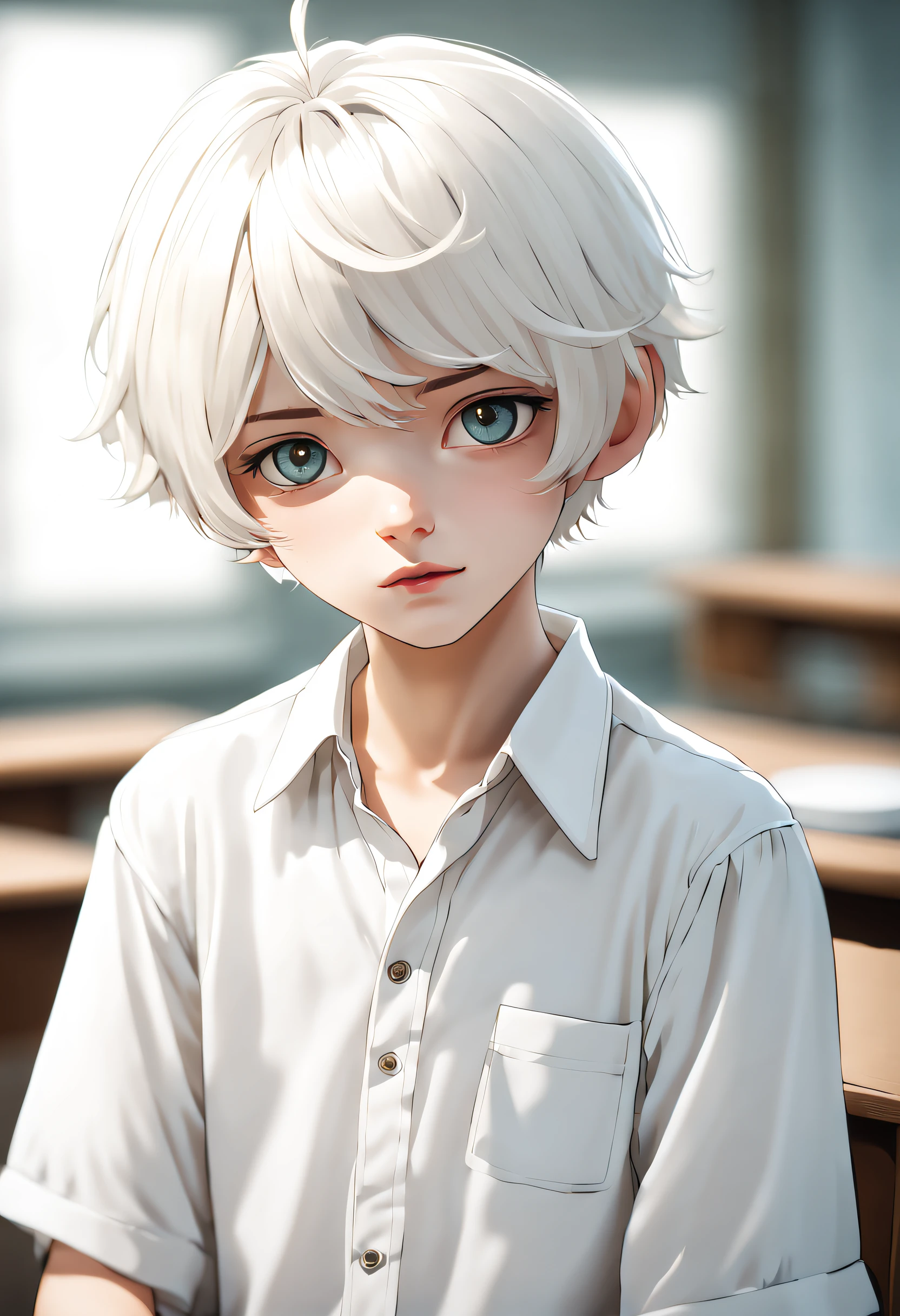 boy, Short gray hair, White color blouse, pretty  face, first person perspective, Best quality at best, high detal