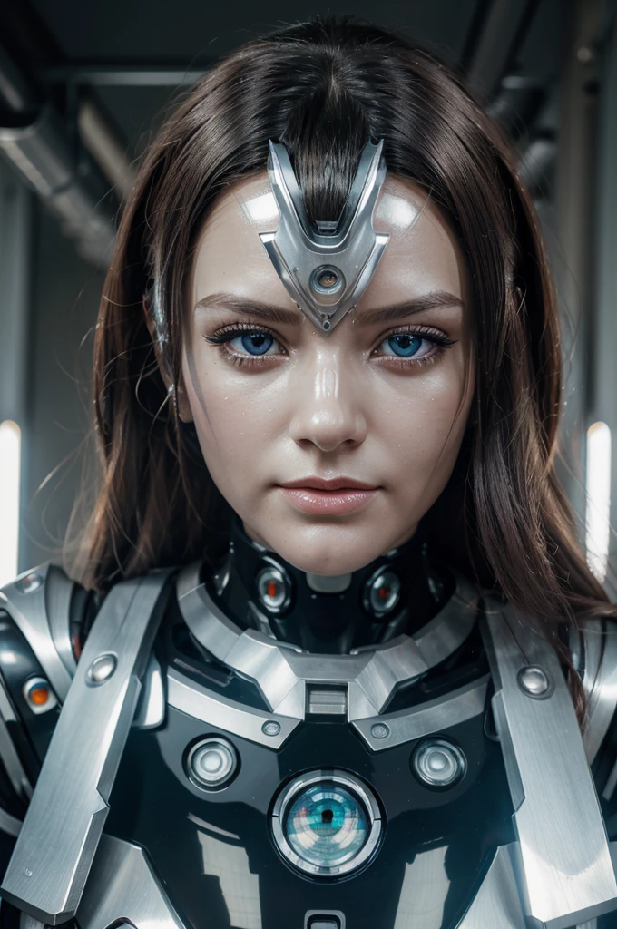 Best Quality, High Detail, 4K, Human, Robot Girl, Android Face(Metal), Steel & Titanium Leather, Robotic Face(With Human Features), Cybernetic Eyes(Hard Eye Circle, Clear Eye Pupil), 1girl, Formal, Perfect Hands(5 fingers), Wig(False Hair), Big Breasts, Bionic Armor, Full-Length, Whole Body, Masterpiece Body,