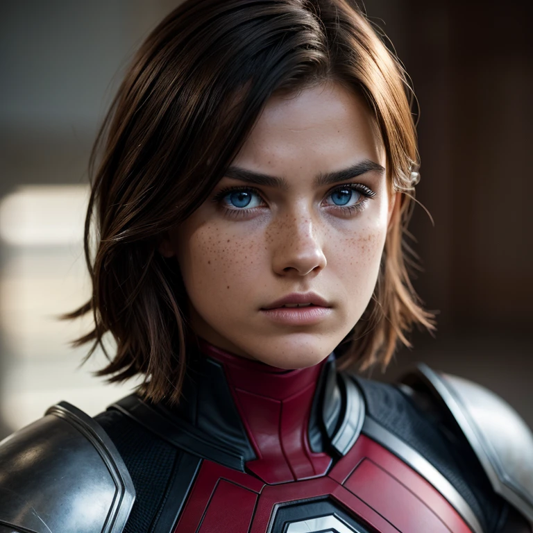photo of a 16 years old girl, beautiful face, (blue eyes), (jaw length wavy shag haircut), very light brown hair, freckles, toned build, (red and black x-men armor), female lead character, pouty look. moody lighting, cinematic