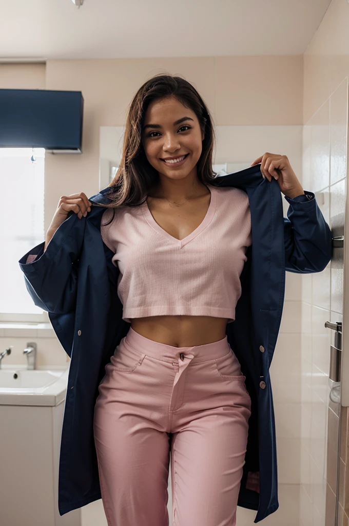 Young Latina ((ultra realistic:1.2)), smiling a lot in navy blue lab coat and light pink pants, in the bathroom extremely bright, (clouse-up), face close, dslr, 100 mm