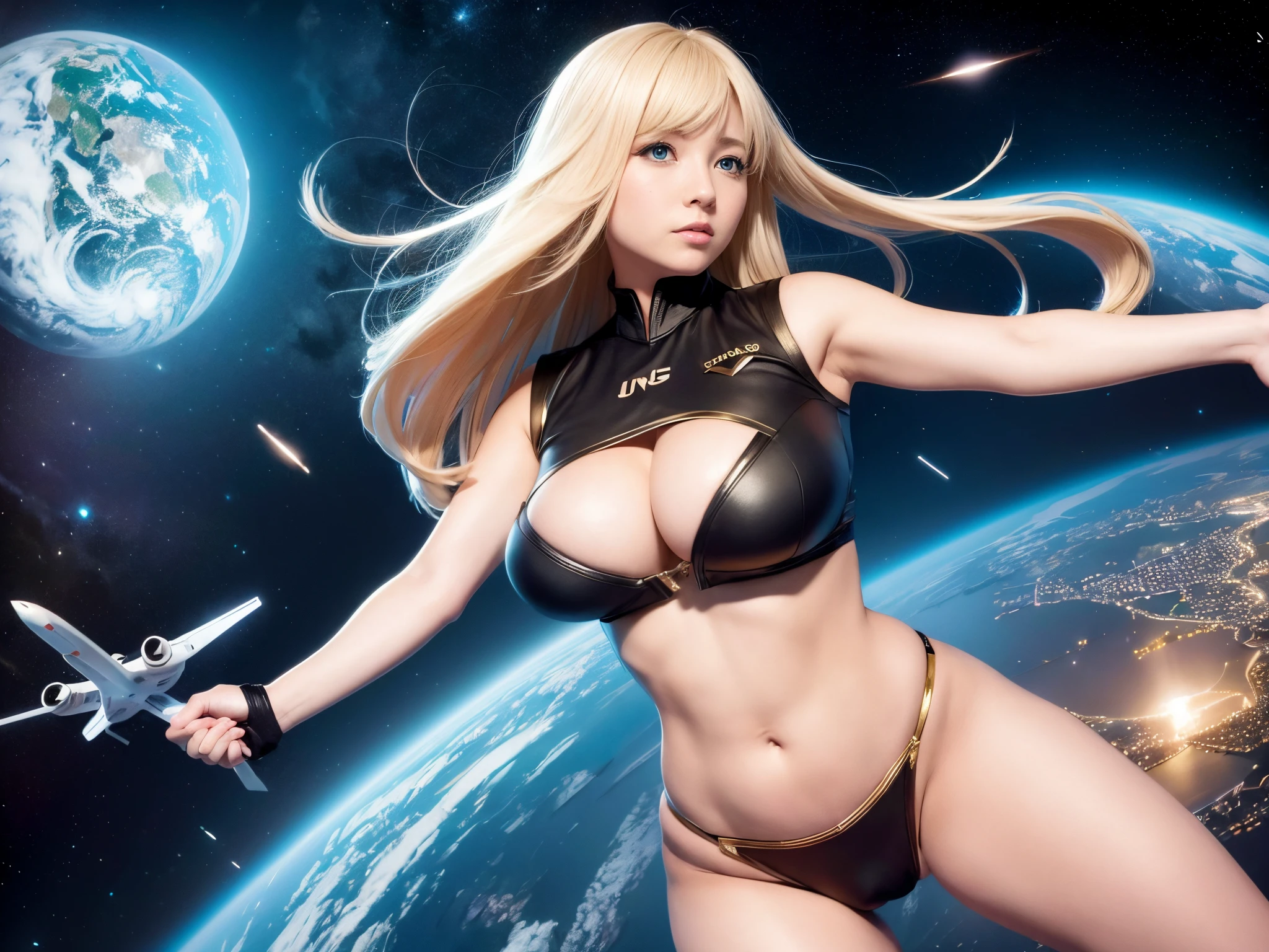 Reimagine the USS Enterprise NCC-1701-D and its crew, enormous tits, in an anime style, with expressive eyes, dynamic poses, and a touch of interstellar adventure. Look to the anime series' dynamic styles for inspiration.