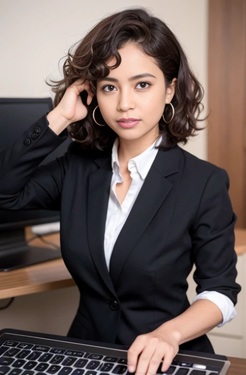 Uma mulher com um corponormal com 35 anos, curly hair, Brown skin,1 mulher WebDesiner da Google , sozinho, separated-lips, office lady, business attire, ao fundo varios computadores,