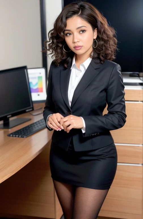 Uma mulher com um corponormal com 35 anos, curly hair, Brown skin,1 mulher WebDesiner da Google , sozinho, separated-lips, office lady, business attire, ao fundo varios computadores,