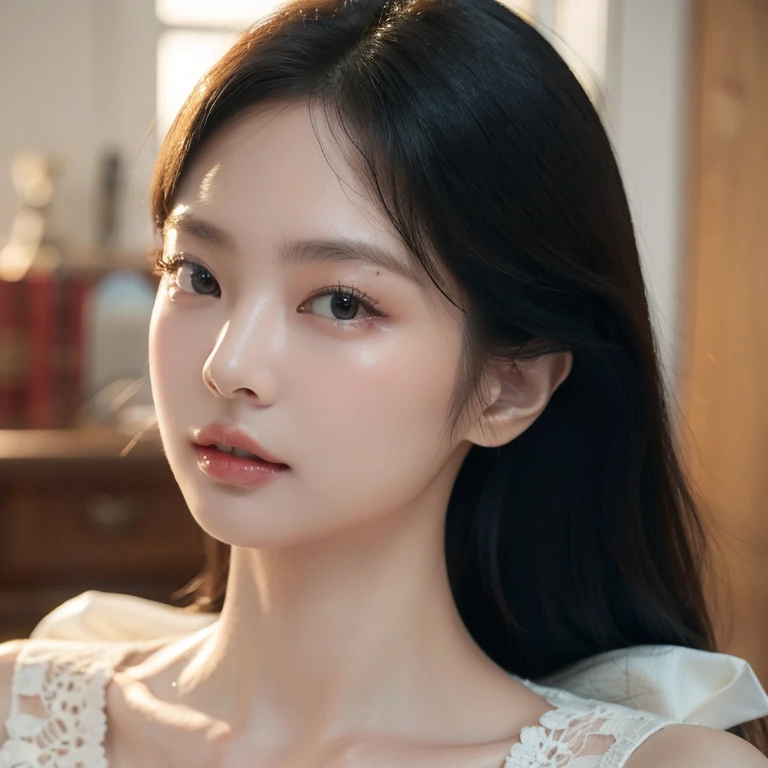 Jennie: beautiful detailed eyes, beautiful detailed lips, extremely detailed face and eyes, long eyelashes, soft smile, elegant posture, stunning figure, fashionable outfit, confident expression, stylish background, natural lighting, vibrant colors, realistic and photorealistic painting style, high-resolution artwork (best quality, 4k, high-res, masterpiece:1.2), crisp focus, fine textures, professional studio lighting.