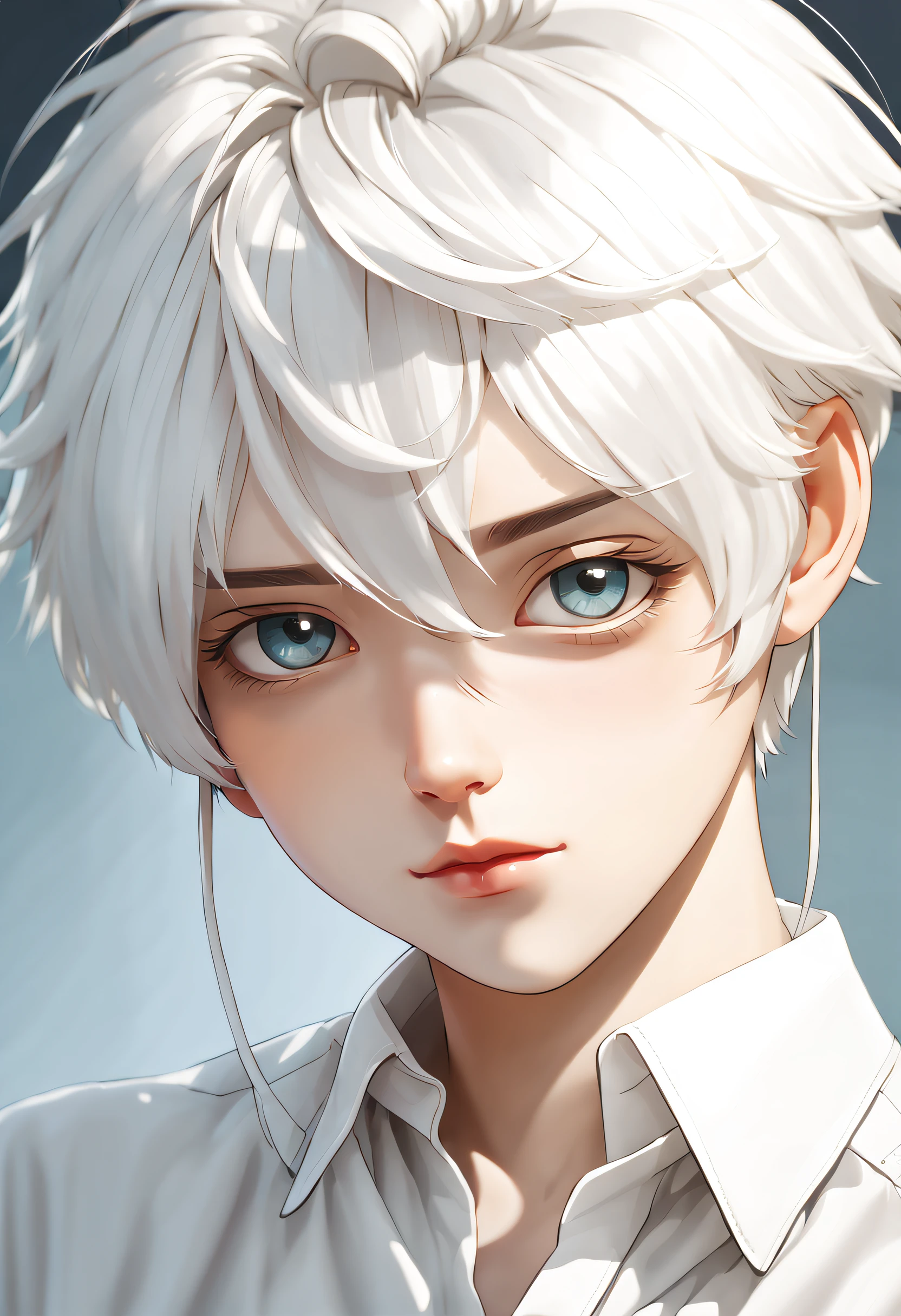 boy, Short gray hair, White color blouse, pretty  face, first person perspective, Best quality at best, high detal