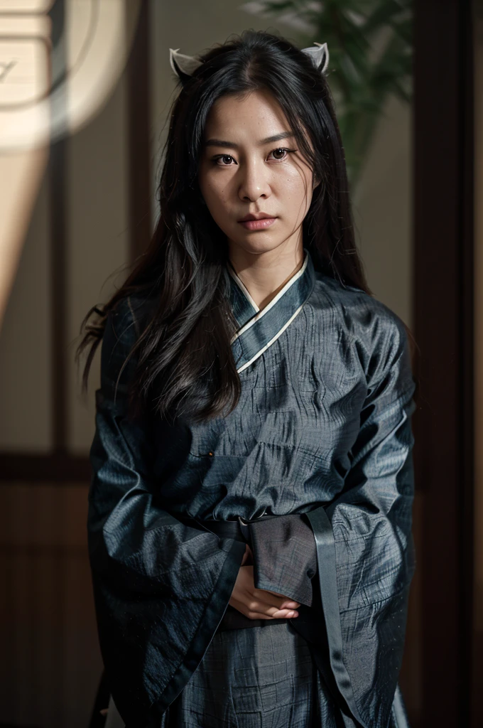 (Fidelity: 1.4), ((Black Hanfu)), Big Sleeves, Small Rings, Kan Tashi, Mole Under Eyes, Denim Lens, Bokeh, Perspective Shortening, Negative Space, Chiaroscuro, Depth of Field, Ray Tracing, Masterpiece, Anatomically Correct, Textured Skin, Best Quality, 8K, Ultra HD, Ccurate