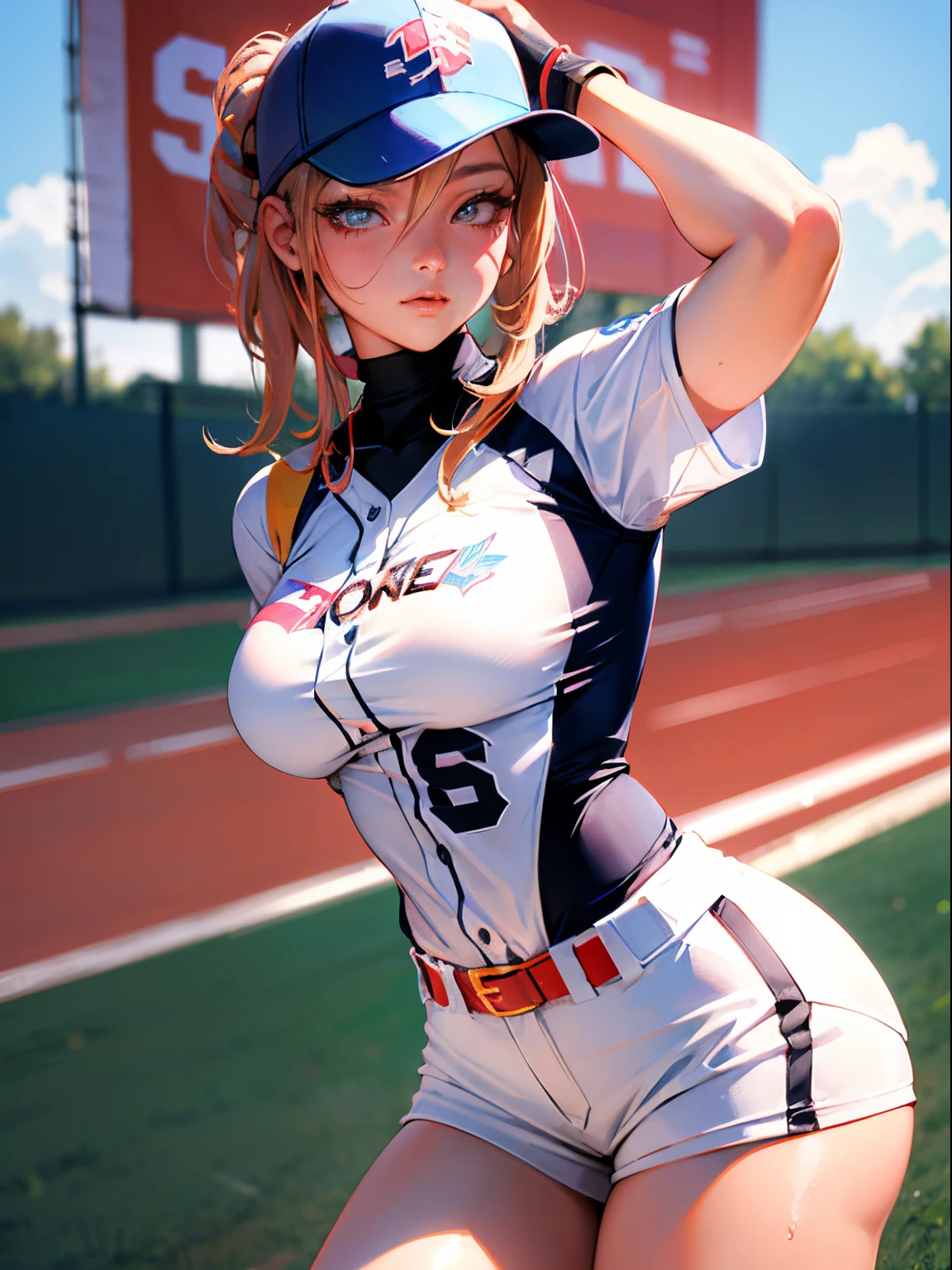 (Best Quality, masutepiece), 1 girl, Women's Softball Players, hold a bat,Large breasts,nice legs,At the softball venue,Detailed beautiful face,Detailed eyes,detailed hairs,detailed  clothes,Detailed realistic skin,cool,from side
