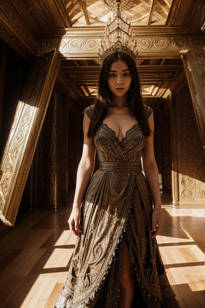 young intricate woman in royal palace, wide angle lens f/2.8, ultra insane high resolution intricate textures, texture indentation, perfect perspective, perfect geometry, ultra insane ambient lighting, ultra insane ambient shadows, luminism, ultra detailed busy background, tessellation, maximalism, perfectionism, IPA Award wining masterpiece,