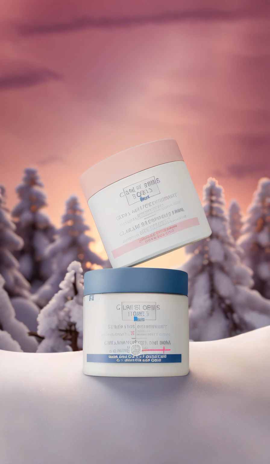 Two containers with cream on the snow, Shooting for a skin care brand, clean face and body skin, beige skin, textured base ; product photograph, pure skin, dramatic product shot, cinematic pastel lighting, Clean face, Soft and bright skin, soft blues and pinks, Product close-up photos, glistning skin, Face shape and body shape consistent, Ultra-clear image quality,clear light and shadow structure,Beautiful sunset in the sky at dusk。