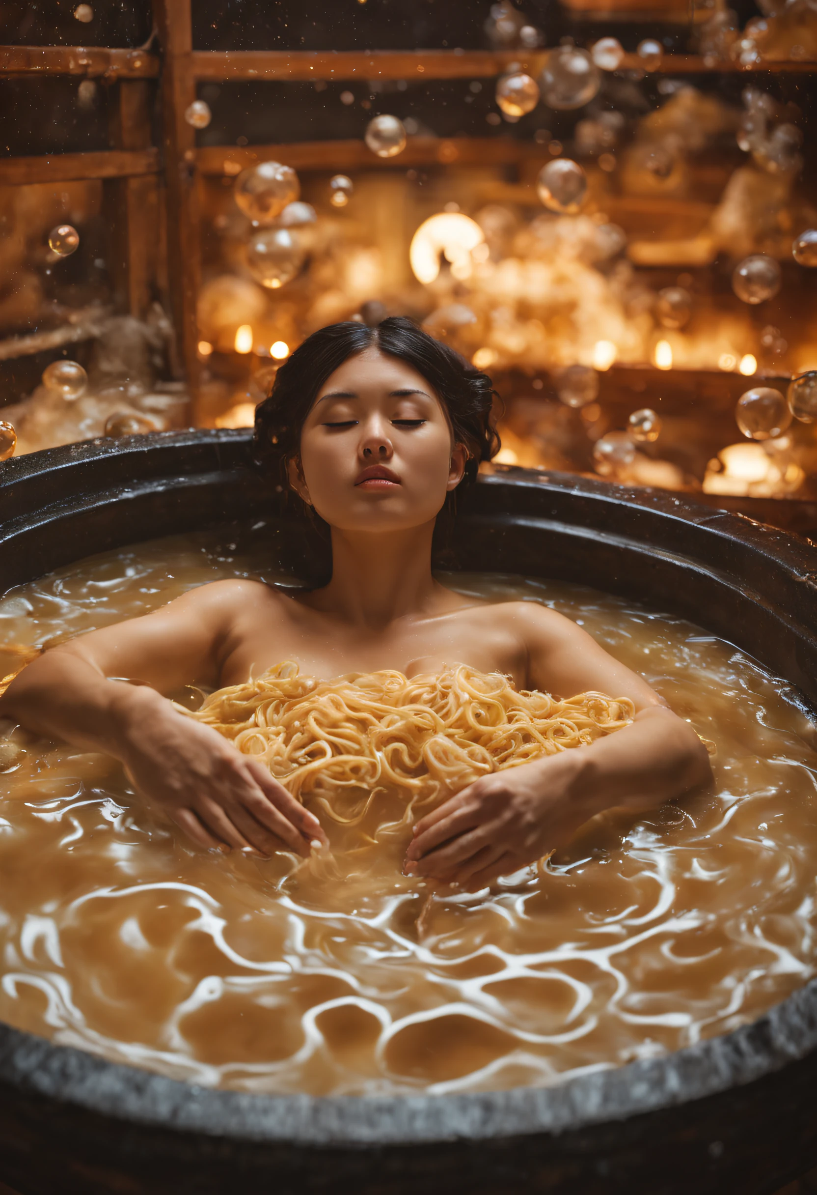 Show me a beautiful and fit 24 year old girl relaxing inside of a giant bowl of miso ramen as if she was in a hot tub at a japanese public bath. The ramen  bubbles like a jacuzzi. Top half of girl's body  above the liquid. Restaurant lighting, soft lighting. Hyper realistic water physics.