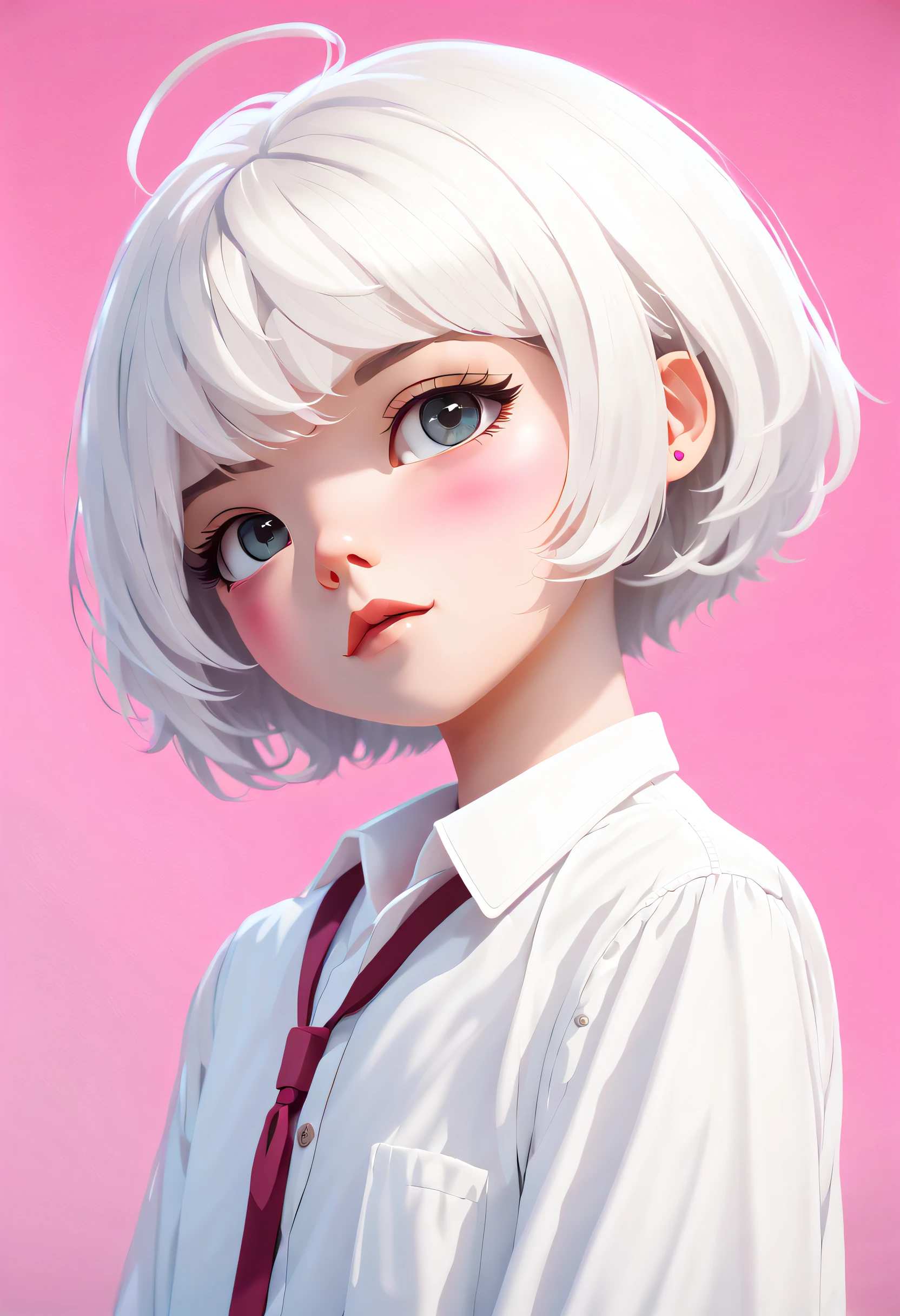 boy, Short gray hair, White color blouse, pretty  face, pink back ground, first person perspective, Best quality at best, high detal