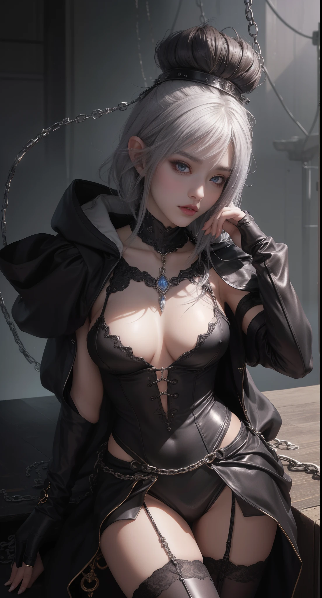 tmasterpiece,Highest image quality,Beautiful bust of a dark elf girl,Dark elf silver short hair style,Clear golden eyereast chain,锁链,Leather hooded garter stockings,high heels boots,Ultra-detailed details,advanced。At the Pixiv Art Station,Break your own power,The kinky exposed,R-18G