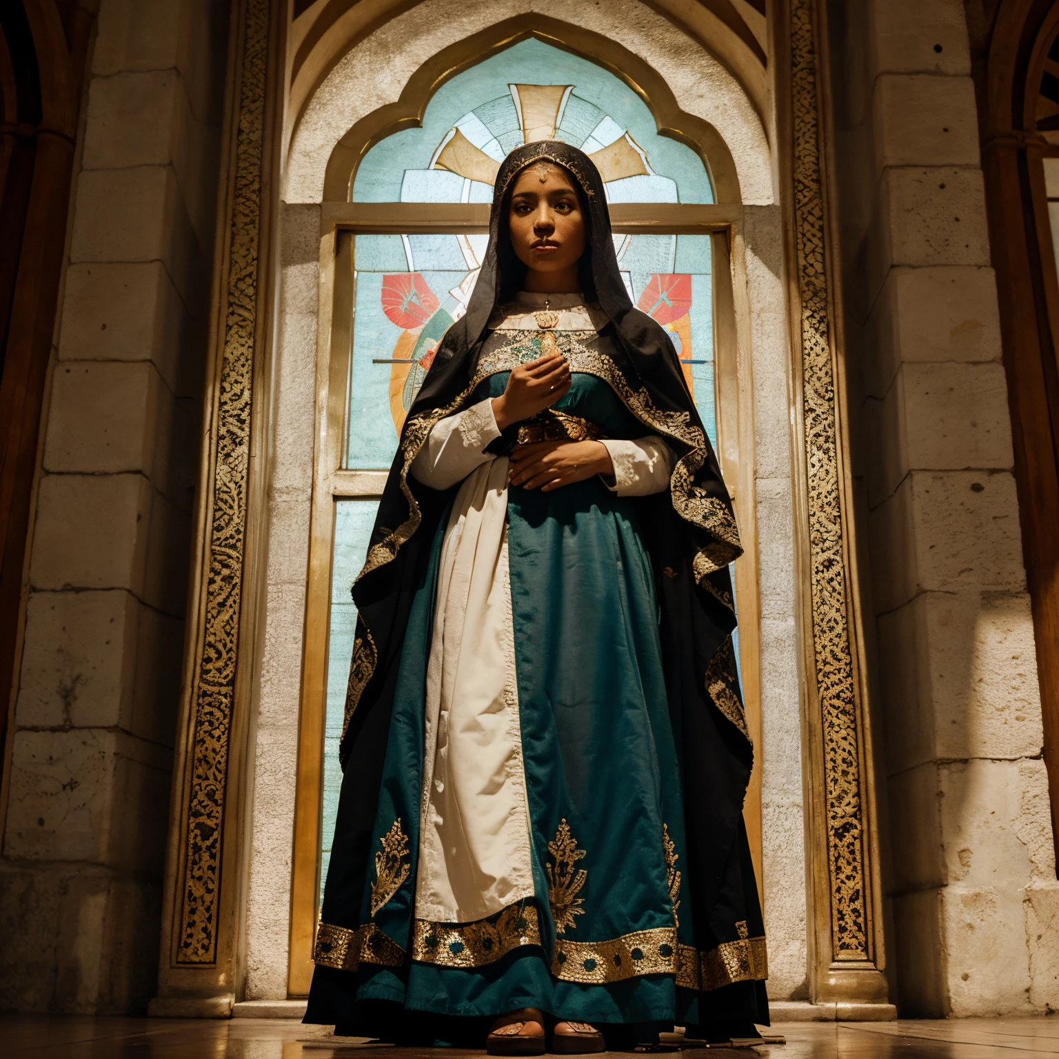 Our Lady of Guadalupe is a figure of the Catholic faith, associated with the apparition of the Virgin Mary in Mexico in 1531. The image is represented as a woman dressed in traditional Mexican clothing, rodeada por raios de luz. The story goes that she appeared to the Indian Juan Diego and left her image printed on his cloak, which is displayed in the Basilica of Guadalupe, in Mexico City.