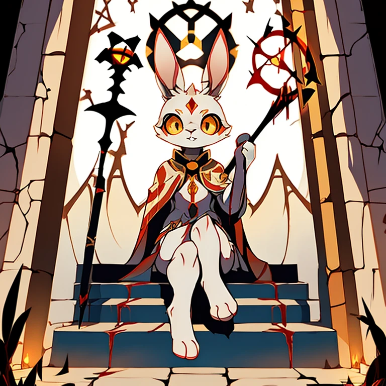 ( white bunny) guarding a ancient door to the titans ( white cloak with golden that have symbols) ( the door symbol star on the front middle) ( golden eyes) ) ( female) ( covered in blood) (bunny sitting on stairs with a staff on her hand)