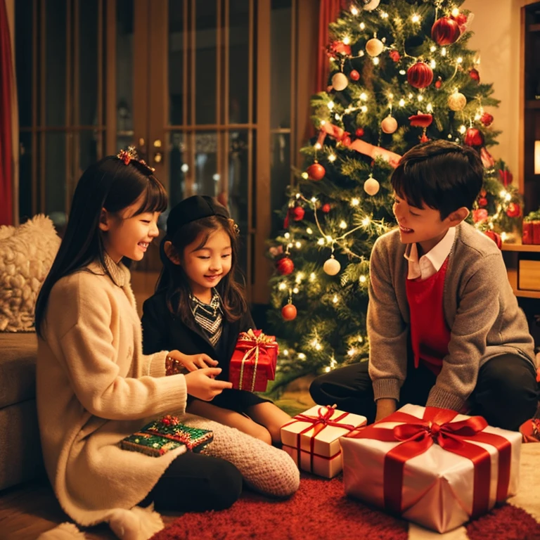 Santa giving presents to children at Christmas