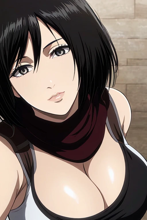 1girl, mikasa ackerman, (black hair:1.3), Hair between the eyes, Short hair, gray eyes, lips, cleavage, big breasts, close up, 独奏, lips, Masterpiece, Best Quality,