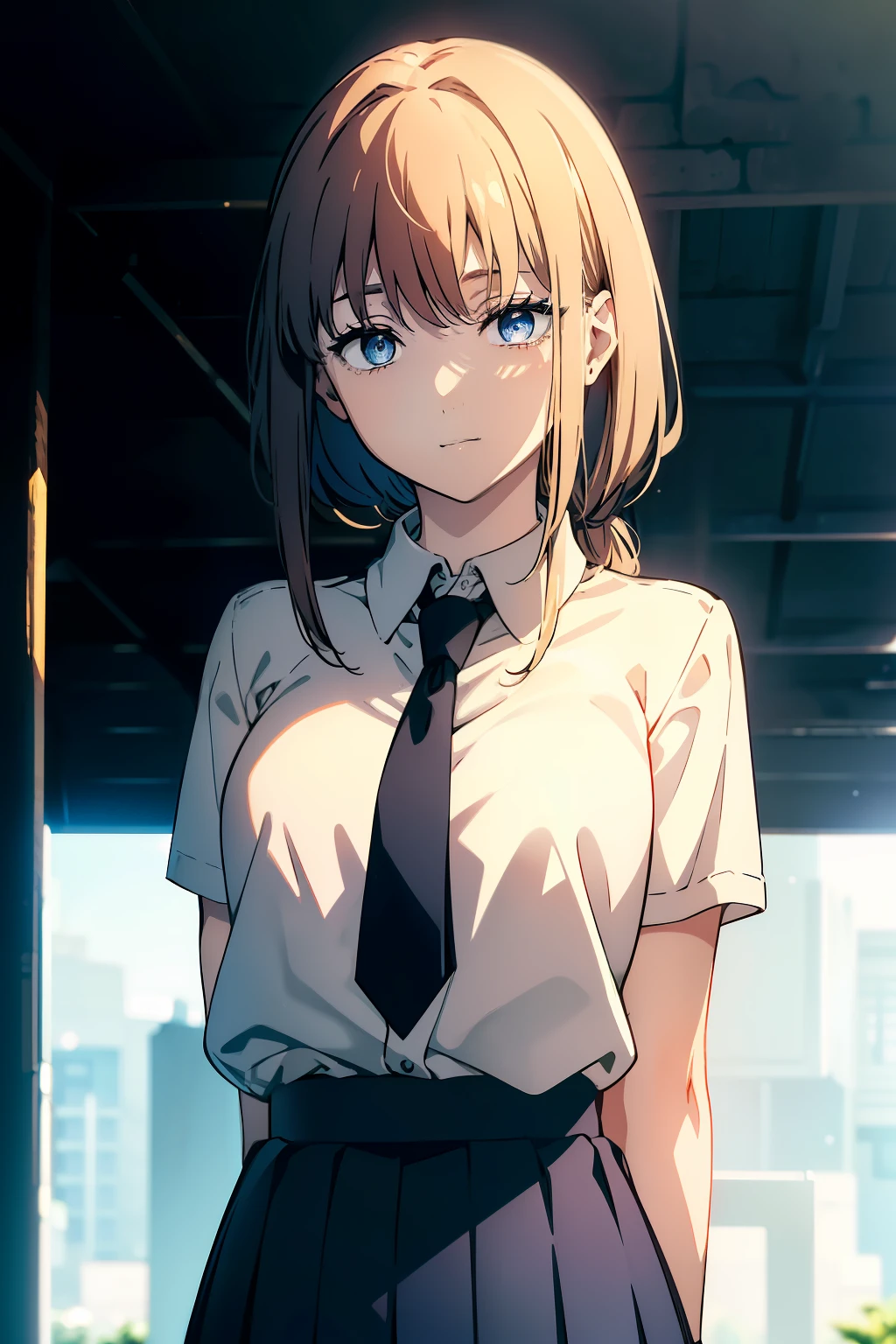 (Obra maestra, La mejor calidad, ultrahigh resolution), 1girl, standing, school uniform, white office shirt, black pleated skirt, ((light brown hair:0.7)), long hair cut, pale skin, ((blue eyes)), glowing_eyes, neon eyes, (ultra detailed eyes, beautiful and detailed face, detailed eyes), ((centered)), smile, ((wide shot)), facing viewer, eye level, (blurry background, bright summer background), flat chested, looking at viewer, ((half closed eyes)), ((perfect hands)), (((head, arms, hips, elbows, in view))), ((hands behind back)), empty eyes, beautiful lighting, outside, outdoors, background, defined subject, 25 years old