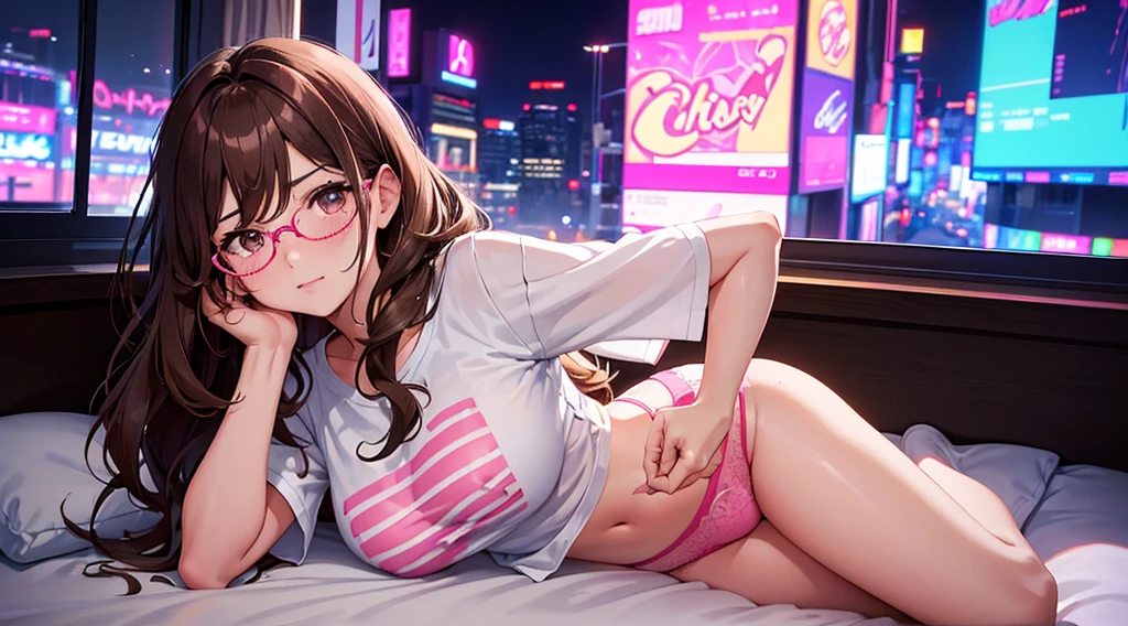 Masterpiece, best quality, 1 girl, brown wavy hair, glasses, white tee shirt, pink underwear, on bed, looking at viewer, sexy, alluring, erotic, blushing, in front of window, city at night, neon, 80s, synthwave