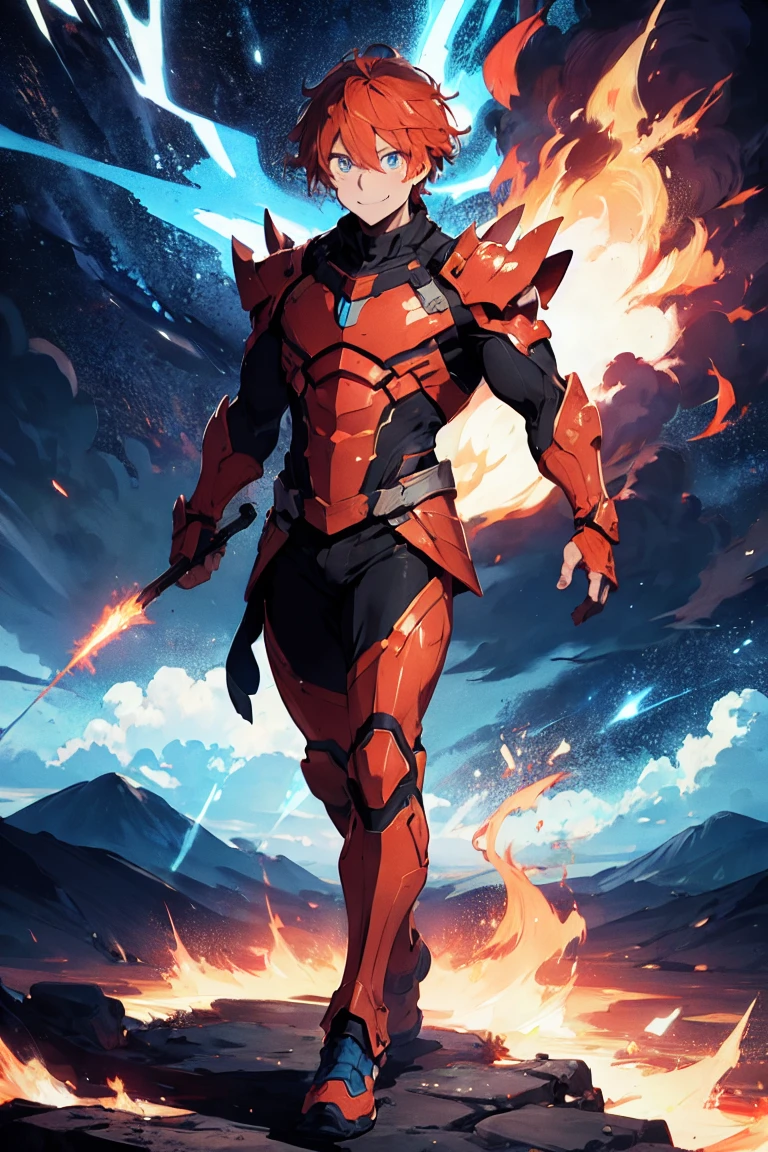 Master piece, 8k, ultra detailed, red armor, fire opal encrusted, muscular man, orange hair, blue eyes, confident smile, full body frame, vulcan eruption and blue lightnings blue light background
