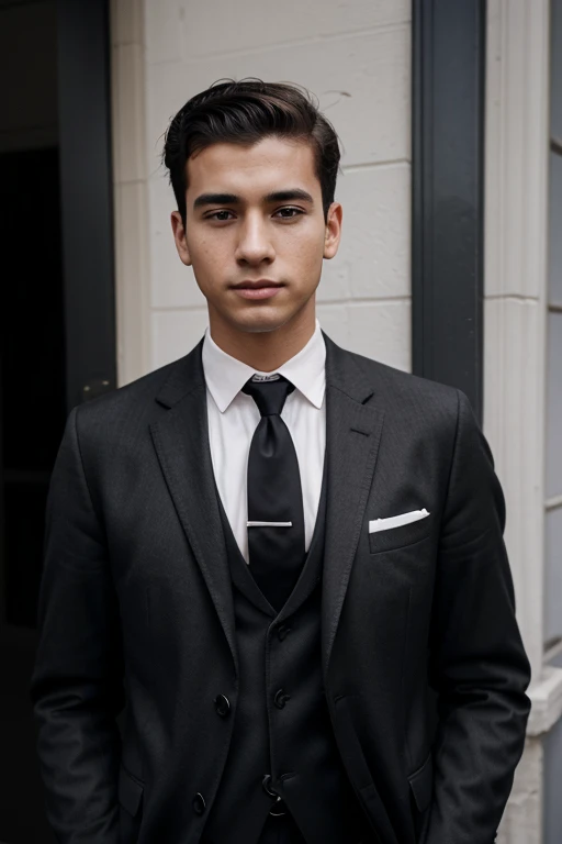 Arafed photo of a young man in a suit and tie, around to 21 years old, Aged photo, Realistic old photo, Realistic old photo, Taken in the early 1960s, old photo, Photo of a man, An old photo of Balck and white, old black and white photograph, old image, jose miguel roman frances, photo for title of a young man with a dark coat,
young man from the front with a jacket and tie, photo taken from the front of a young man with a jacket and tie. front photo of a young man with a jacket and tie.