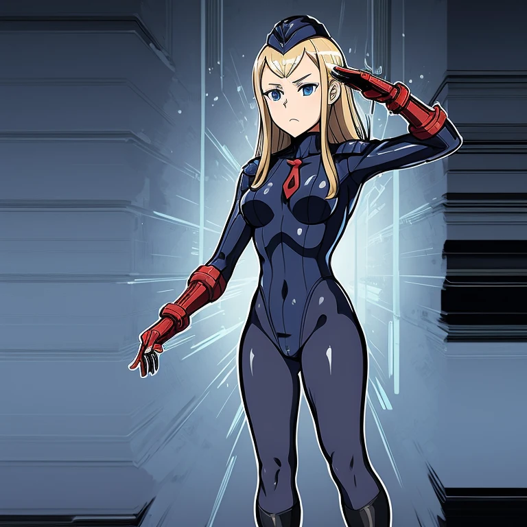 Masterpiece, Best Quality, Highly detailed, illustration, absurdres, street fighter, doll suit, shadaloo doll, nazi saluting, military, military saluting, salute, 1girl, solo, expressionless, blank eyes, looking at viewer, red gloves, emotionless, black latex, corrution, zofa suit, zofa soldier, mind control, female combatant, full body, hypnotized, standing, standing at attention, unhappy trance, full body suit, leotard, perfect female body, Princess principal, Charlotte, Princess Charlotte, blonde hair, blue eyes