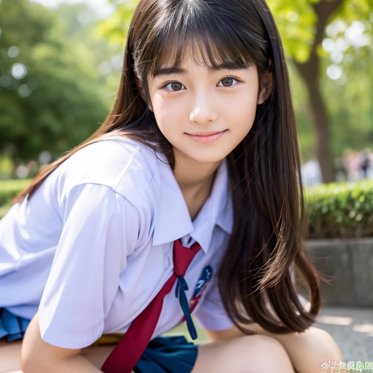 master piece, Best Quality,(12 years old Japan girl:1.5),(Looks like you're about to cry:1.3) ,(M-shaped legs spread on a park bench:1.8),(Summer clothes and hairpins for junior high school girls:1.8),Brown eyes,(Small:1.7),(Smooth straight hair:1.5),(Slender body,Skinny Legs),A detailed eye,Very white skin,Letting down your bangs,Detailed body,Detailed hand,No makeup, Smile,