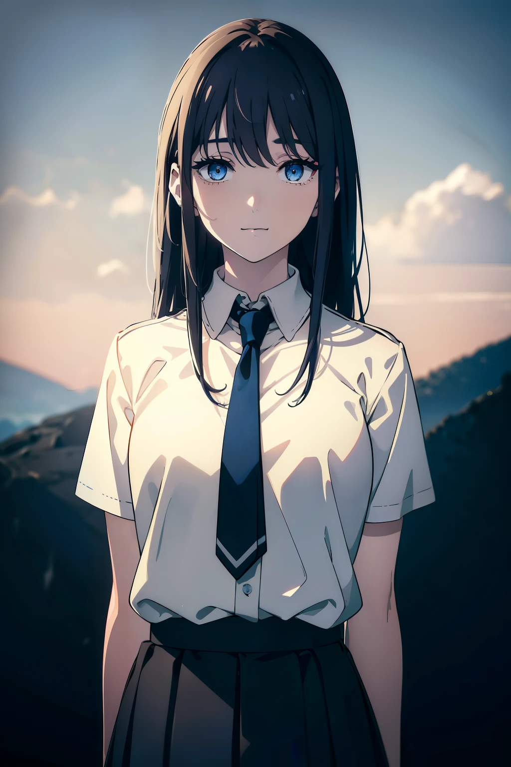 (Obra maestra, La mejor calidad, ultrahigh resolution), 1girl, standing, school uniform, white office shirt, black pleated skirt, ((light brown, light brown hair:0.7, blue_hair_pin in hair:0.9, blue_hair_pin:0.9)), long hair cut, pale skin, ((blue eyes)), glowing_eyes, neon eyes, (ultra detailed eyes, beautiful and detailed face, detailed eyes), ((centered)), smile, ((wide shot)), facing viewer, eye level, (blurry background, bright snowy background, winter), flat chested, looking at viewer, ((half closed eyes)), ((perfect hands)), (((head, arms, hips, elbows, in view))), ((hands behind back)), empty eyes, beautiful lighting, outside, outdoors, background, defined subject, 25 years old,