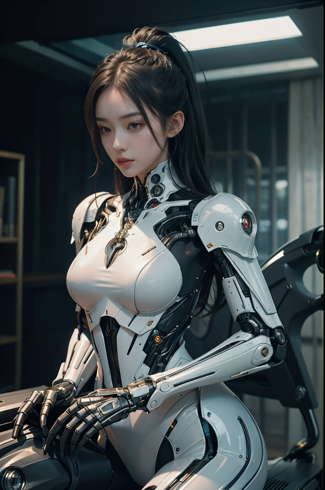 A woman in a futuristic suit sits on a chair, robot-girl, Female robot body, Beautiful white girl robot, Beautiful robot girl, Perfect anime robot woman, robot-girl, Mecha net-armored  robot, perfect android girl, Cute robot girl, perfect robot woman, unreal engine rendered + welcoming, anime robots