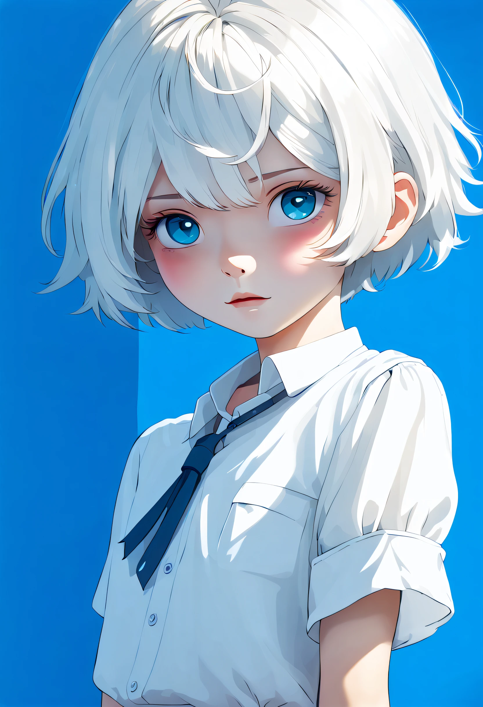 boy, Short gray hair, White color blouse, pretty  face, blue backdrop, first person perspective, Best quality at best, high detal